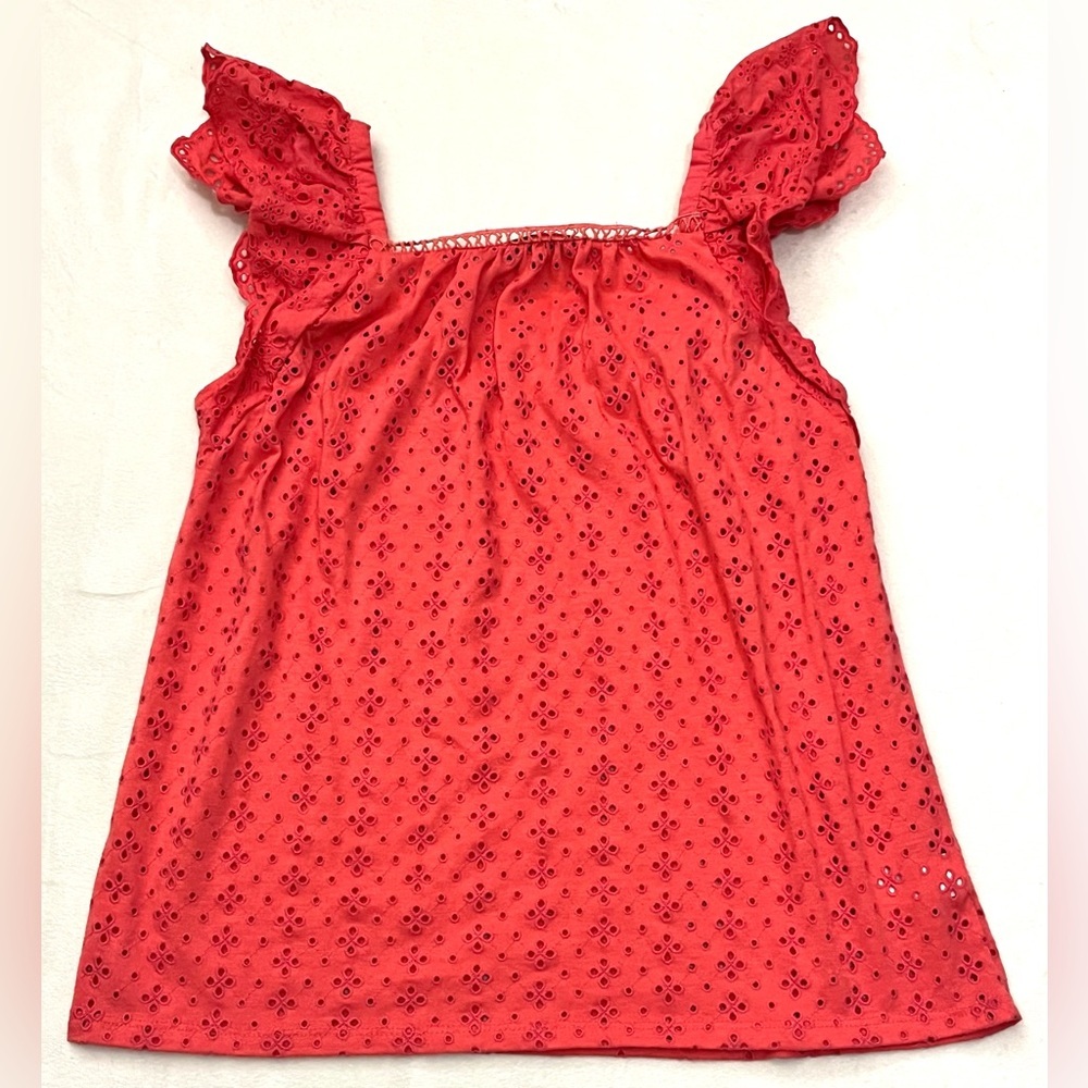 LOFT Women’s Coral Colored Eyelet Sleeveless Blouse with Ruffle Detail Sz Small - Picture 11 of 12